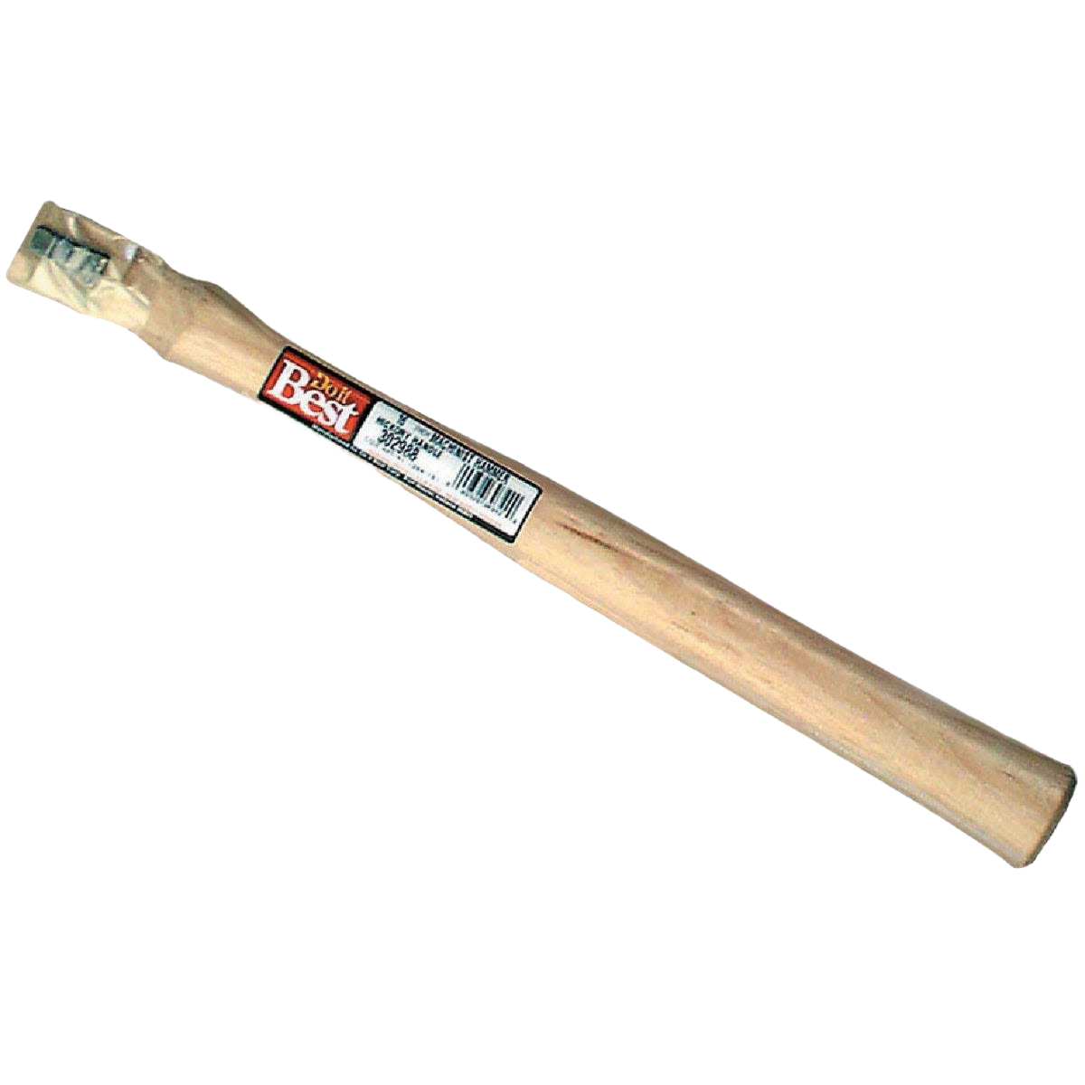 Straight hickory hammer handle with smooth finish and label, designed for tools and home improvement use