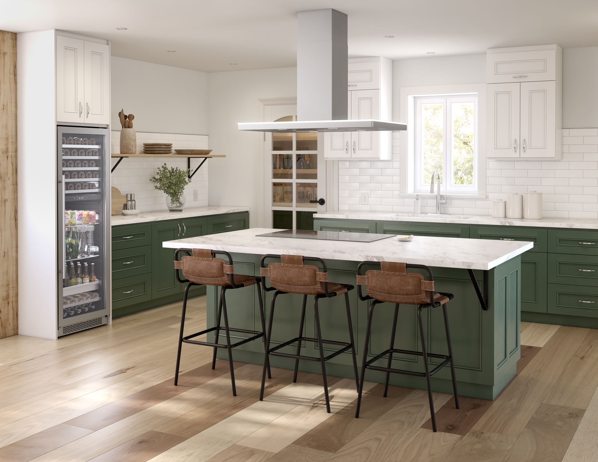 stainless steel island range hood with ambient LED lighting in a modern kitchen with green cabinetry and marble island