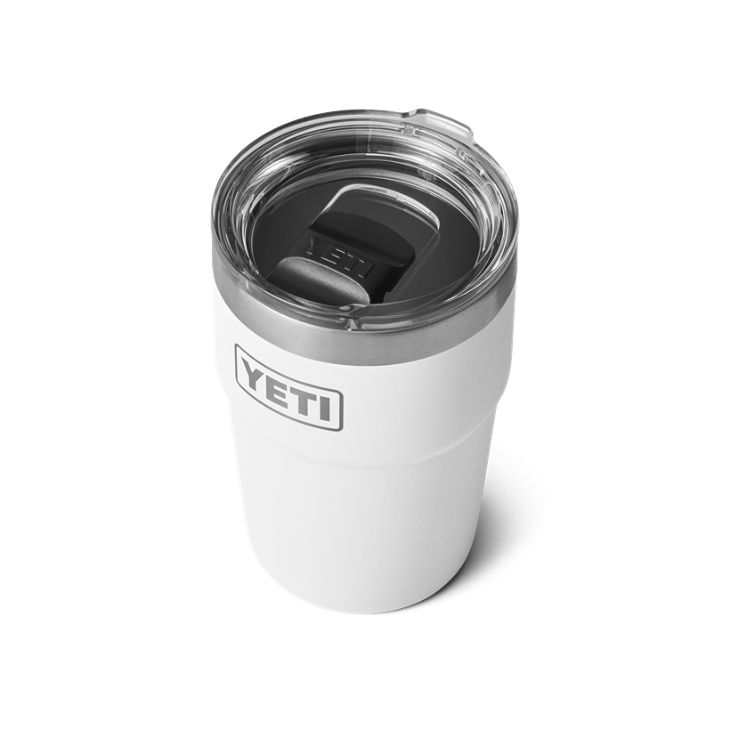 White 16 oz insulated stackable cup with clear lid and stainless steel rim from drinkware and tableware collections