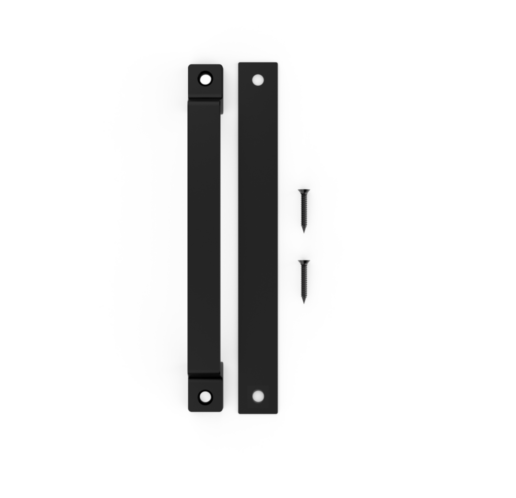 Black modern 10-inch gate pull with mounting screws for gate hardware and home improvement projects