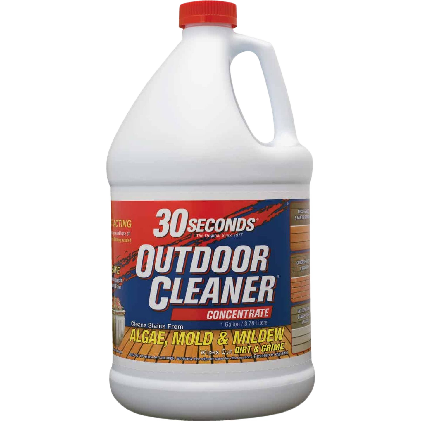 White plastic jug of outdoor cleaner concentrate with red cap for removing algae, mold, mildew, and grime from surfaces