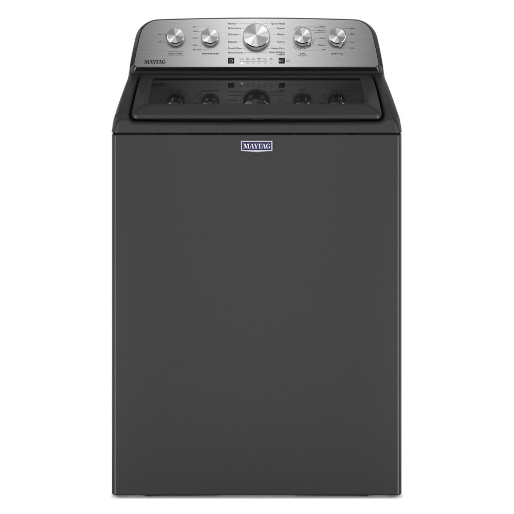 Front view of a dark gray top load washer with stainless steel control panel and five knobs in Washers collection