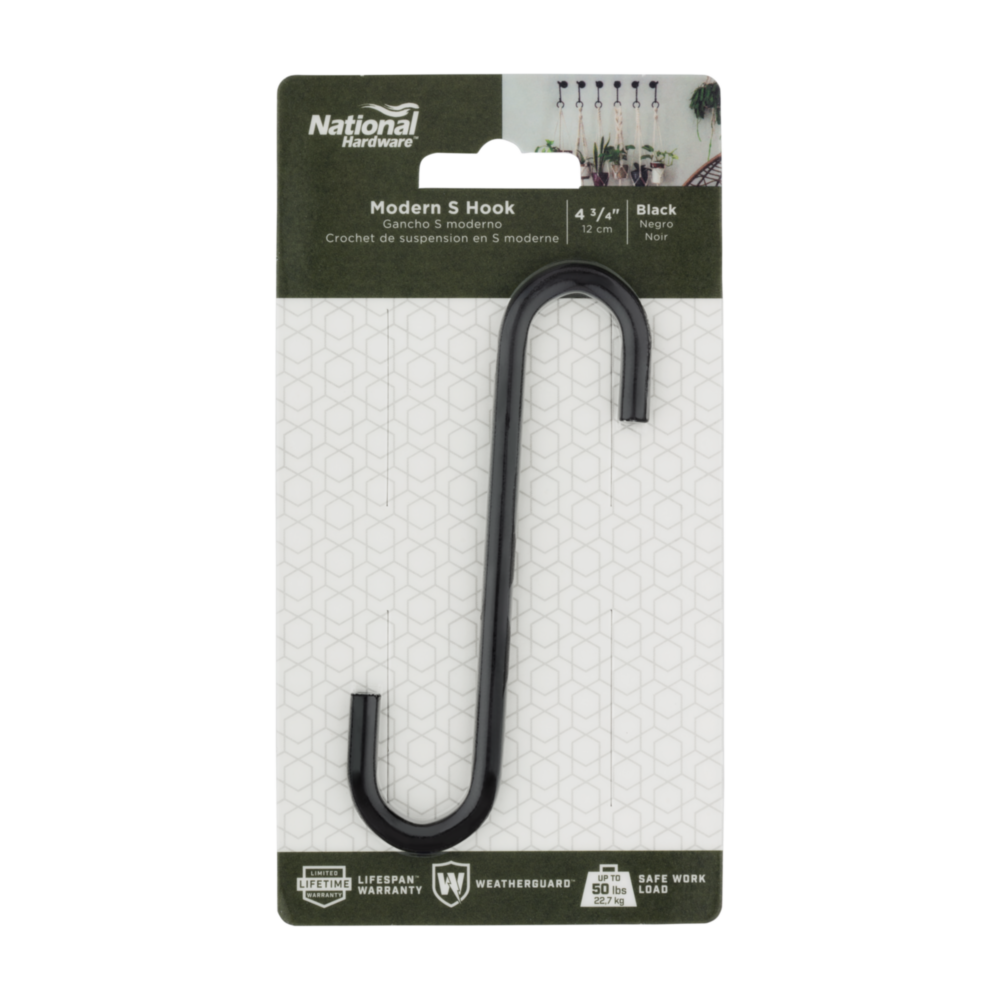 Black steel S-hook measuring 4.75 inches, designed for versatile home improvement and plant hanging tasks