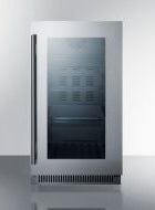 Built-in beverage center with stainless steel trim and tinted glass door for kitchen or bar appliance use