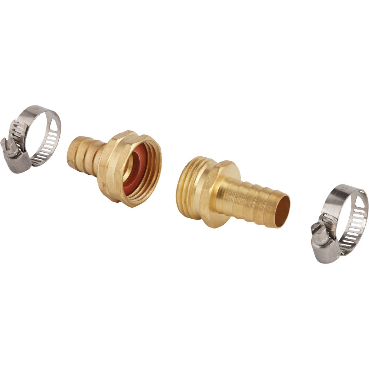 Heavy-duty brass hose mender with 5/8-inch fittings and metal hose clamps for garden tool repairs and home improvement
