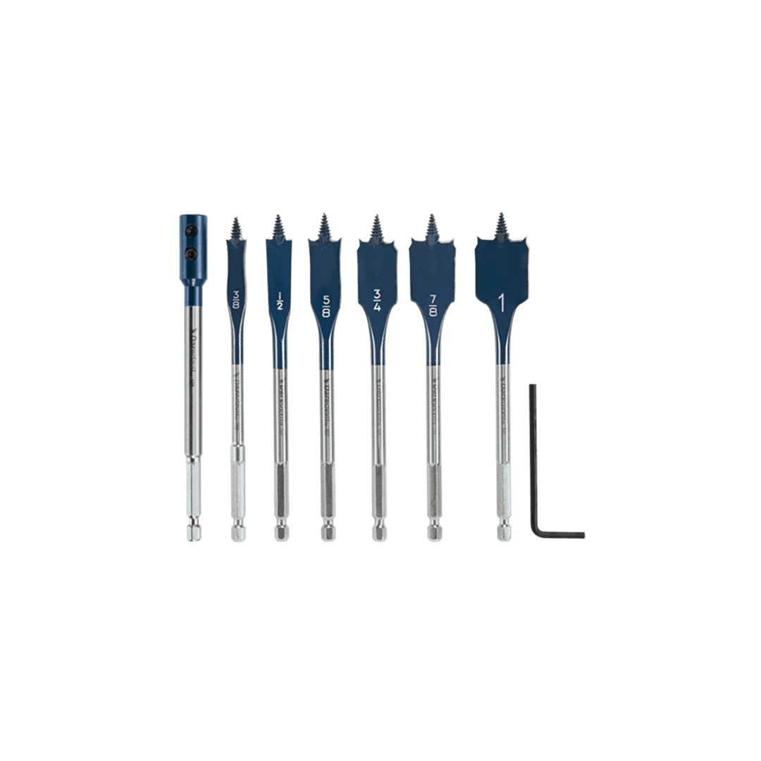 Set of seven Bosch spade drill bits with extension, designed for precise wood drilling in home improvement projects.
