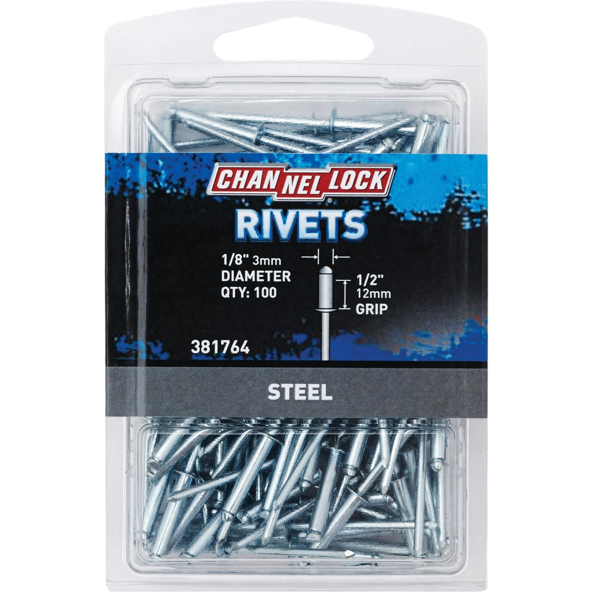 Package of steel grip rivets with 1/8 inch diameter and 1/2 inch grip for hardware and home improvement projects