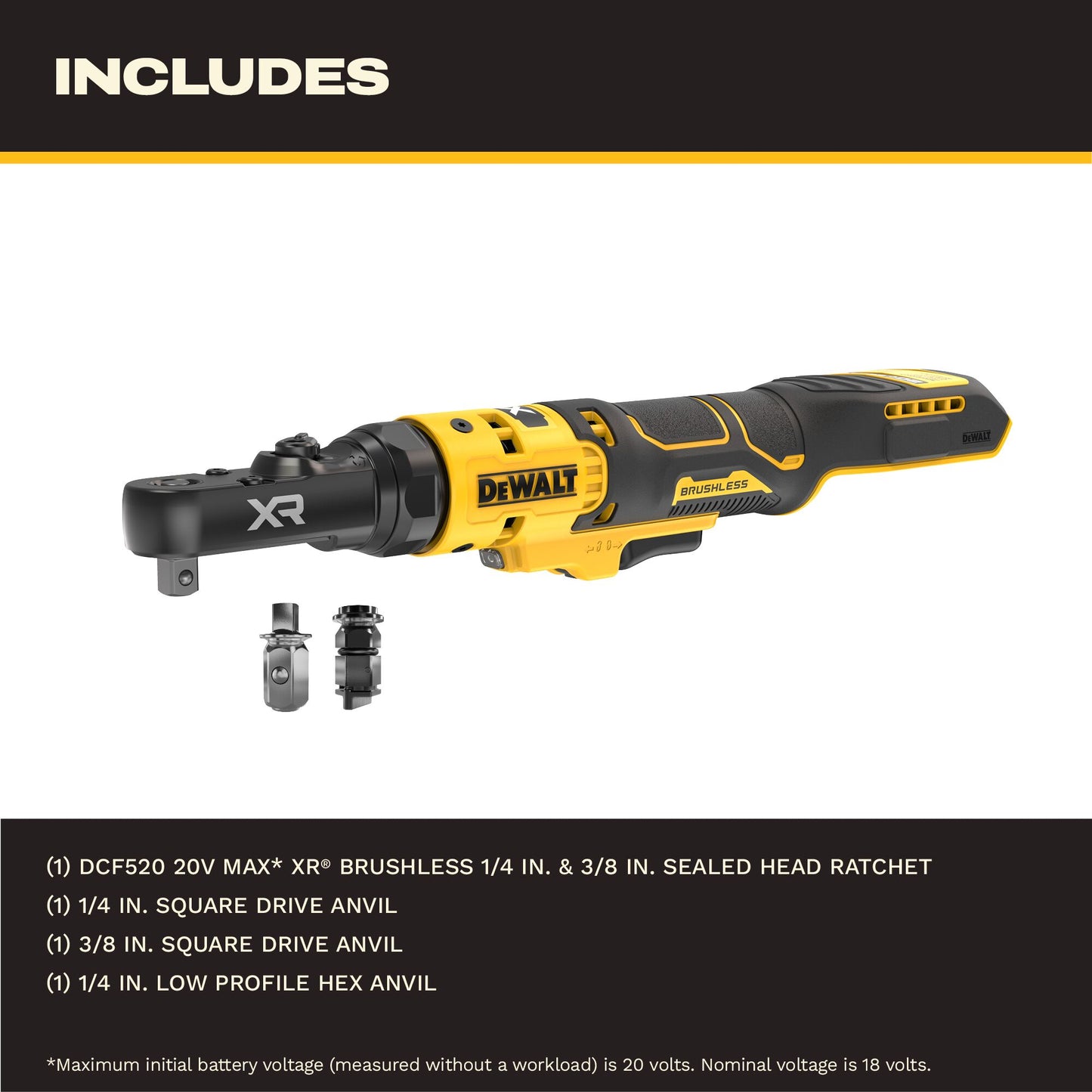 DEWALT 20V MAX* XR® Brushless Cordless 1/4 In. & 3/8 In. Sealed Head Ratchet (Tool Only)