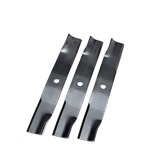 Set of three black metal replacement blades designed for lawn mower cutting and garden maintenance tools