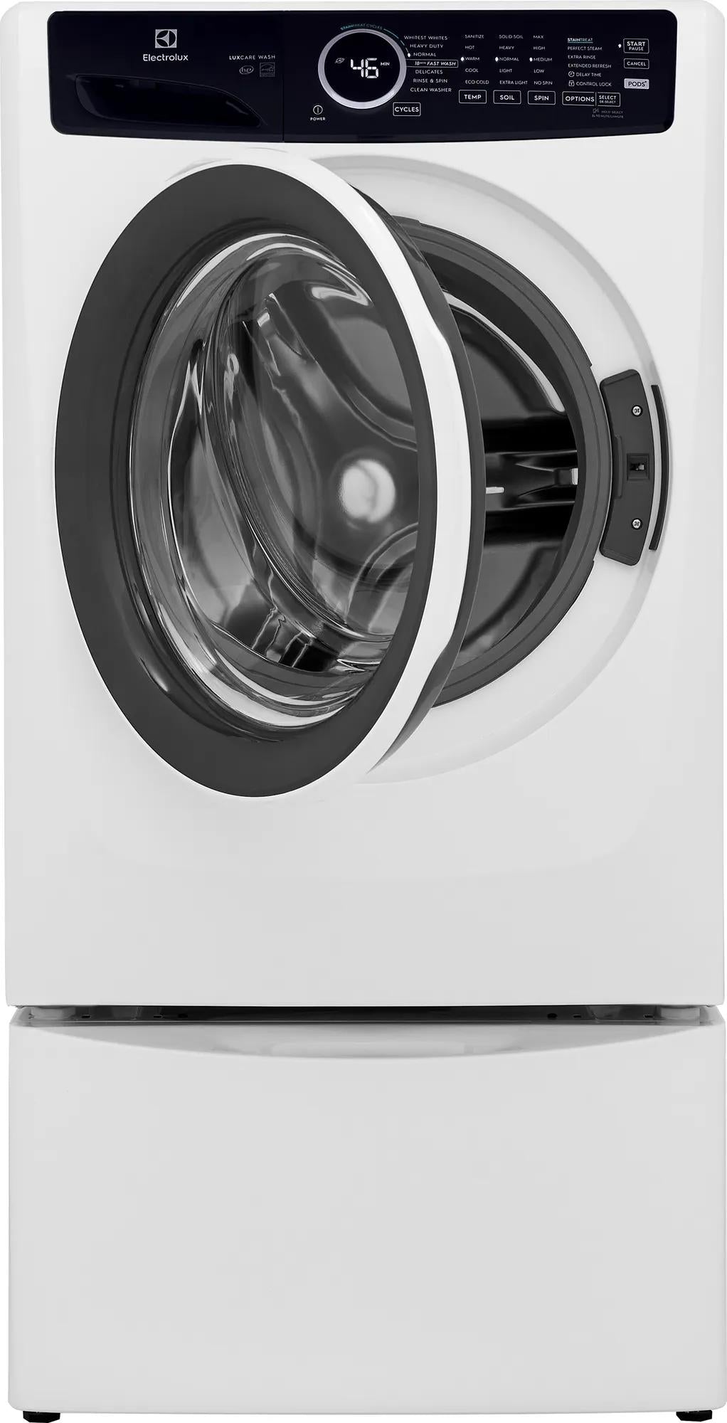Front load washer with open door, digital control panel, and LuxCare® Wash technology from washers and appliances collection