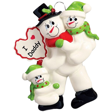 Snowman family ornament with dad holding two kids and heart-shaped sign for Christmas Ornaments & Tree Decorations collection