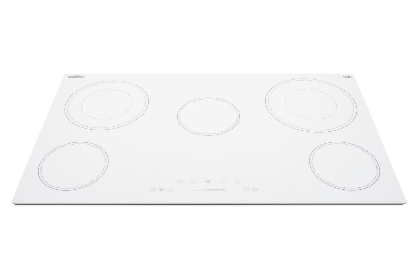 White smooth glass radiant cooktop with five burners and touch controls for modern kitchen and appliances use