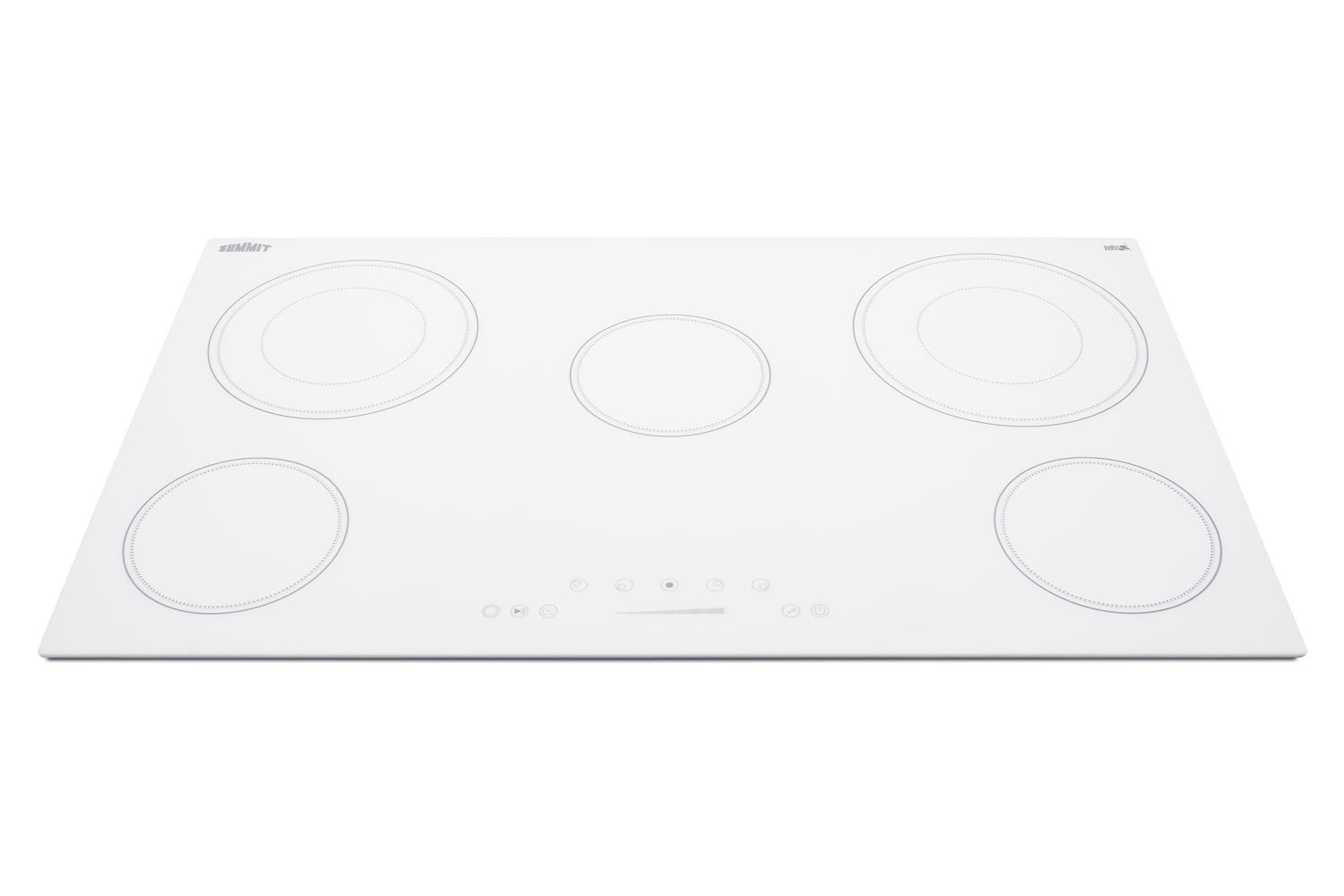 White smooth glass radiant cooktop with five burners and touch controls for modern kitchen and appliances use