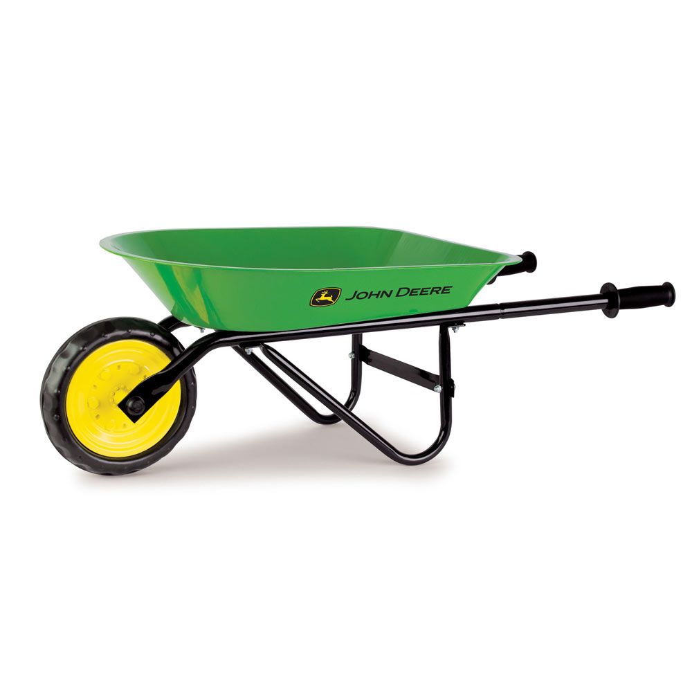 Green and yellow steel wheelbarrow with black handles and frame designed for gardening and home improvement tasks