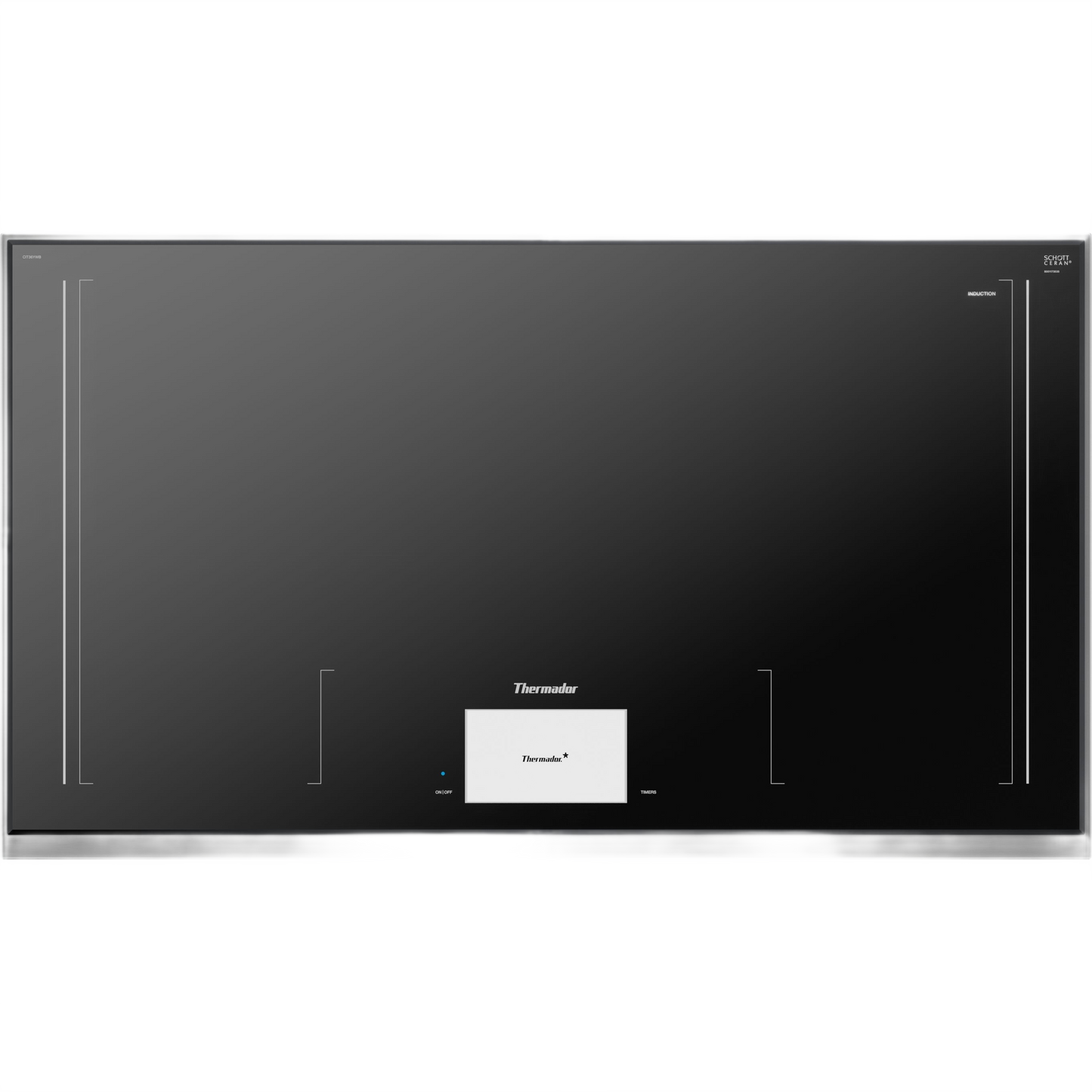 Dark gray surface mount induction cooktop with digital touch display and integrated frame from Thermador collection