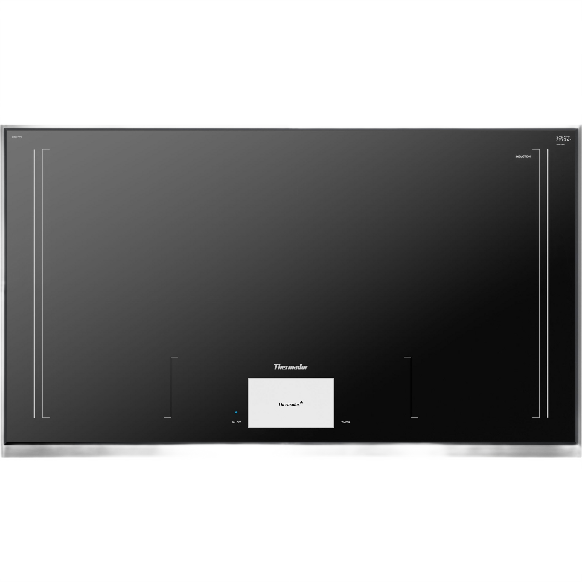 Dark gray surface mount induction cooktop with digital touch display and integrated frame from Thermador collection