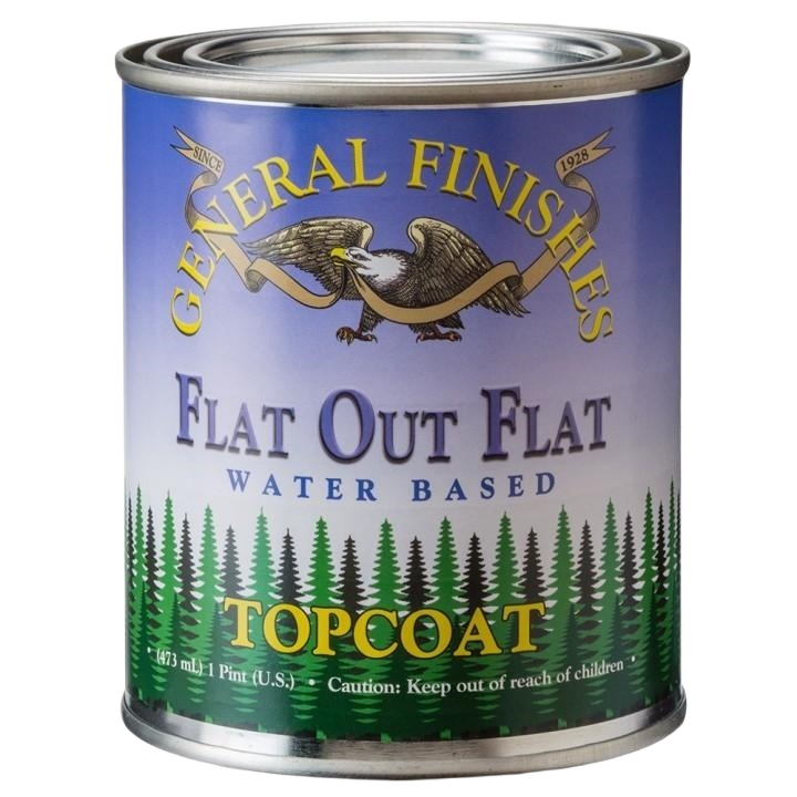 Can of General Finishes water based flat out flat topcoat for home improvement and woodworking projects