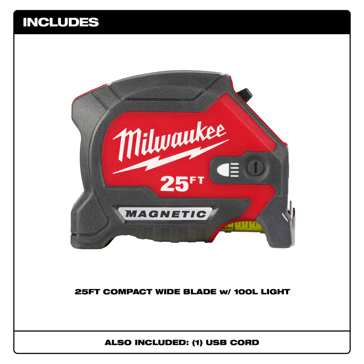 Milwaukee 25' Magnetic Tape Measure w/ Rechargeable 100L Light