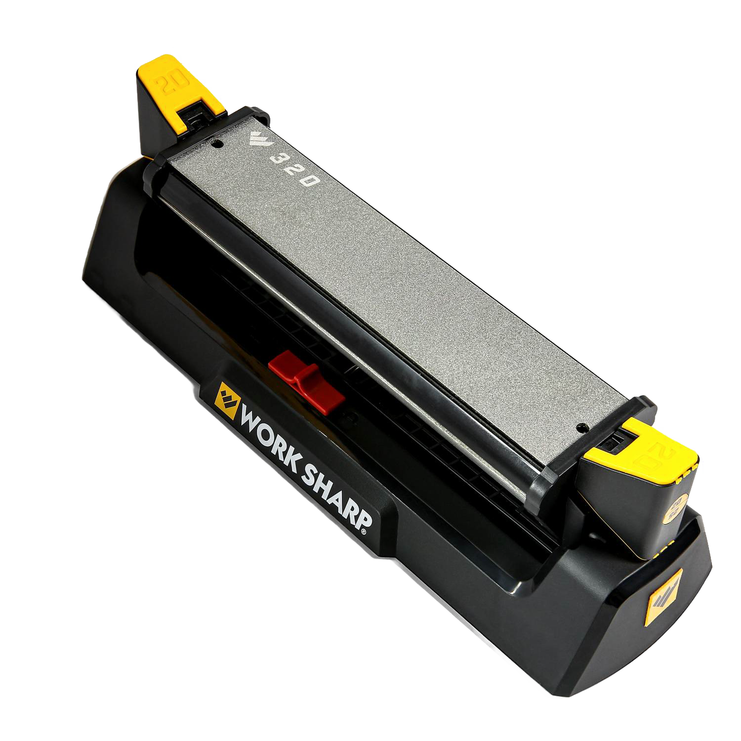 Compact Work Sharp sharpening tool with abrasive belt and adjustable guides for kitchenware and woodworking hand tools.