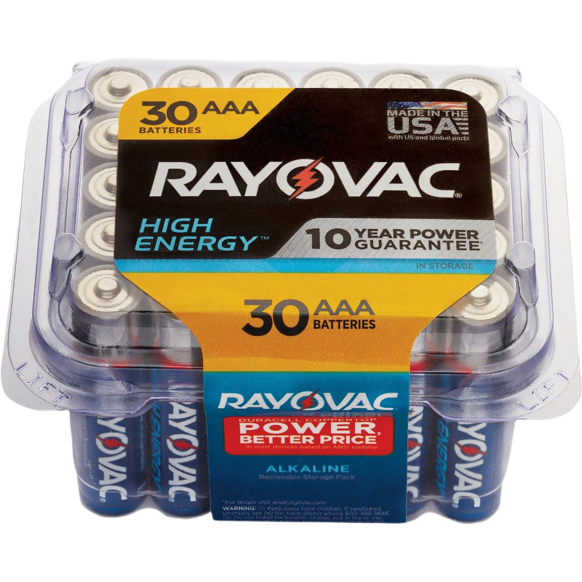 Package of 30 Ray-O-Vac AAA alkaline batteries with long-lasting power for household and electrical use under $50