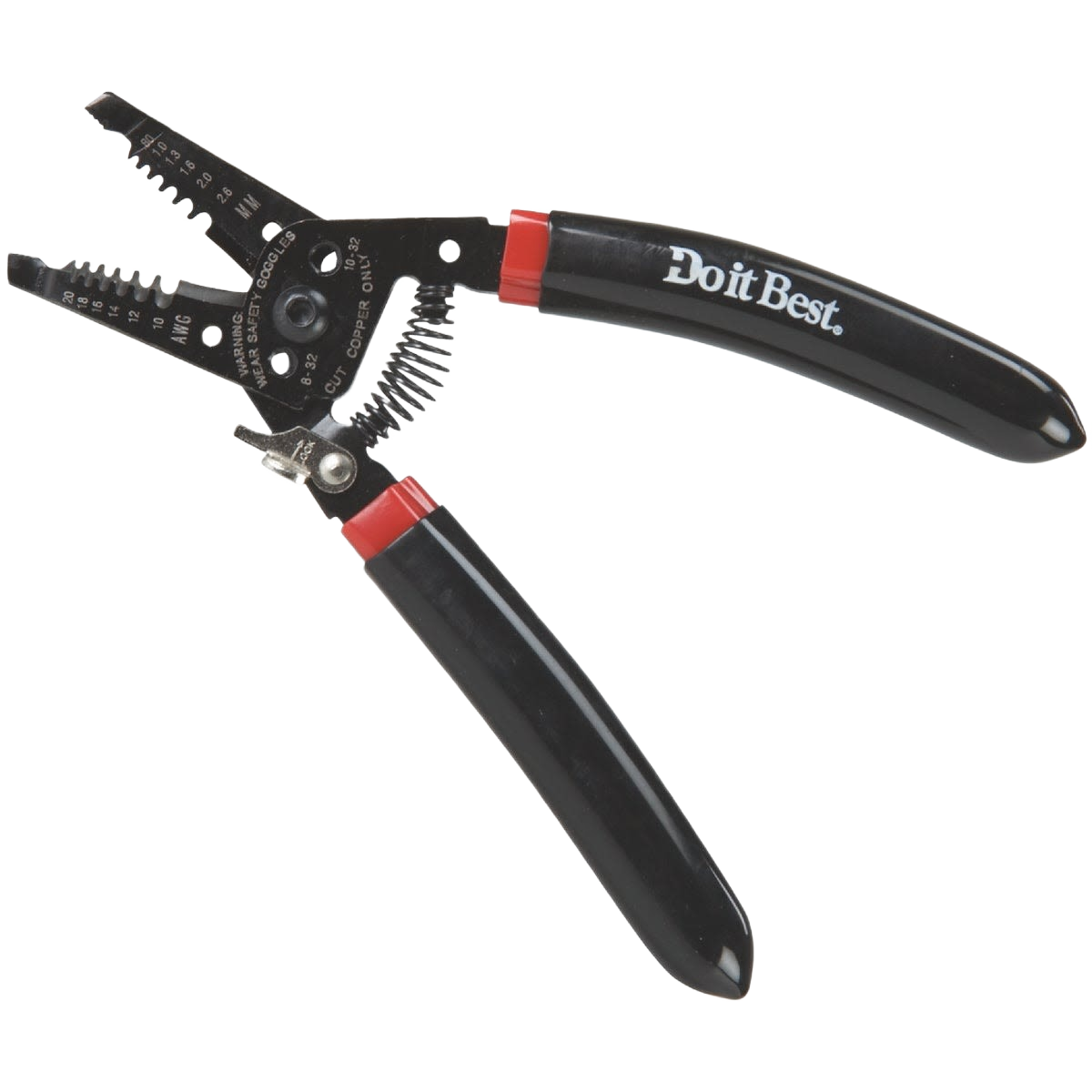 Black wire cutter with ergonomic handles and adjustable cutting notches for solid and stranded wire in home improvement tasks