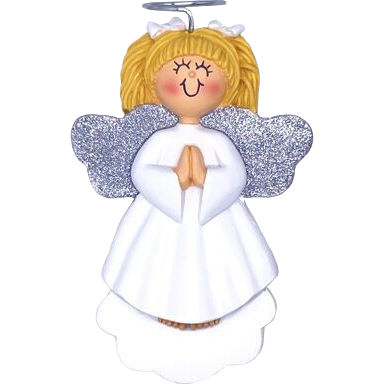 Blonde baby angel ornament with glittery silver wings and white gown for Christmas Ornaments & Tree Decorations collection under $50