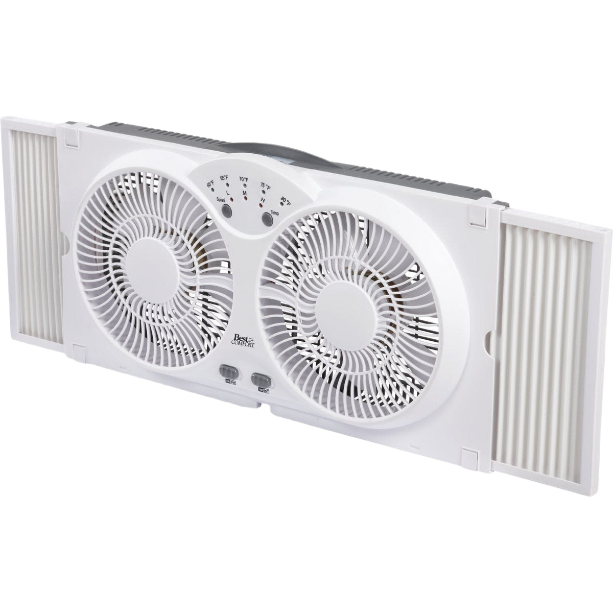 Twin white window fan with adjustable side panels and control panel for home air circulation improvement