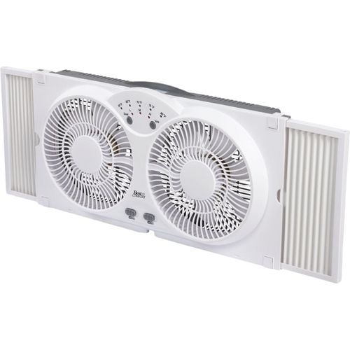 Twin white window fan with adjustable side panels and control panel for home air circulation improvement