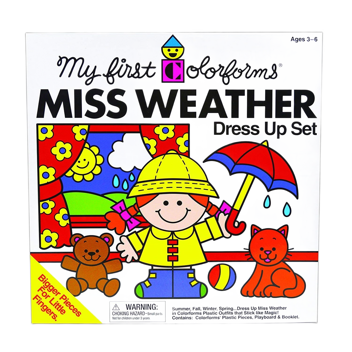 Boxed Miss Weather dress-up set with colorful plastic pieces including umbrella, raincoat, and animal characters for children