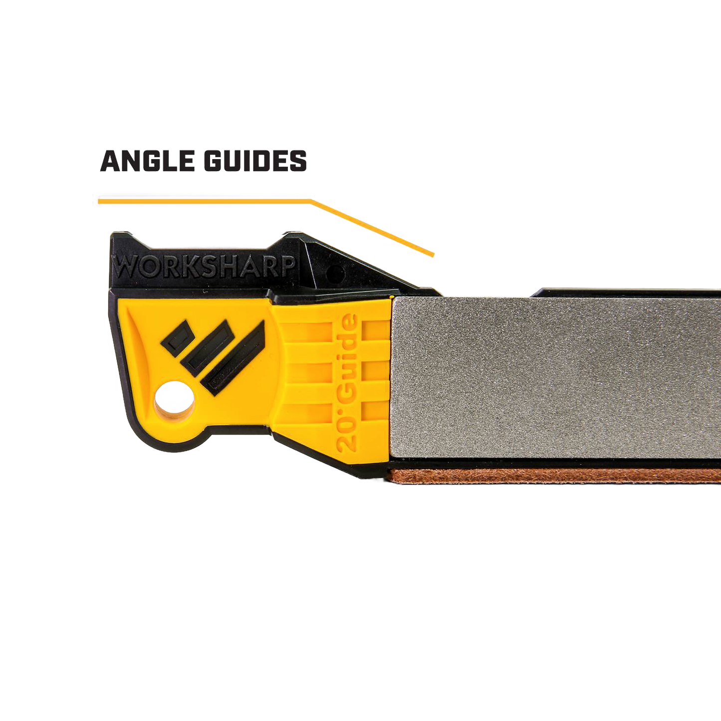 Yellow and black sharpening tool with 20° angle guide and coarse sharpening surface for woodworking and kitchen tasks
