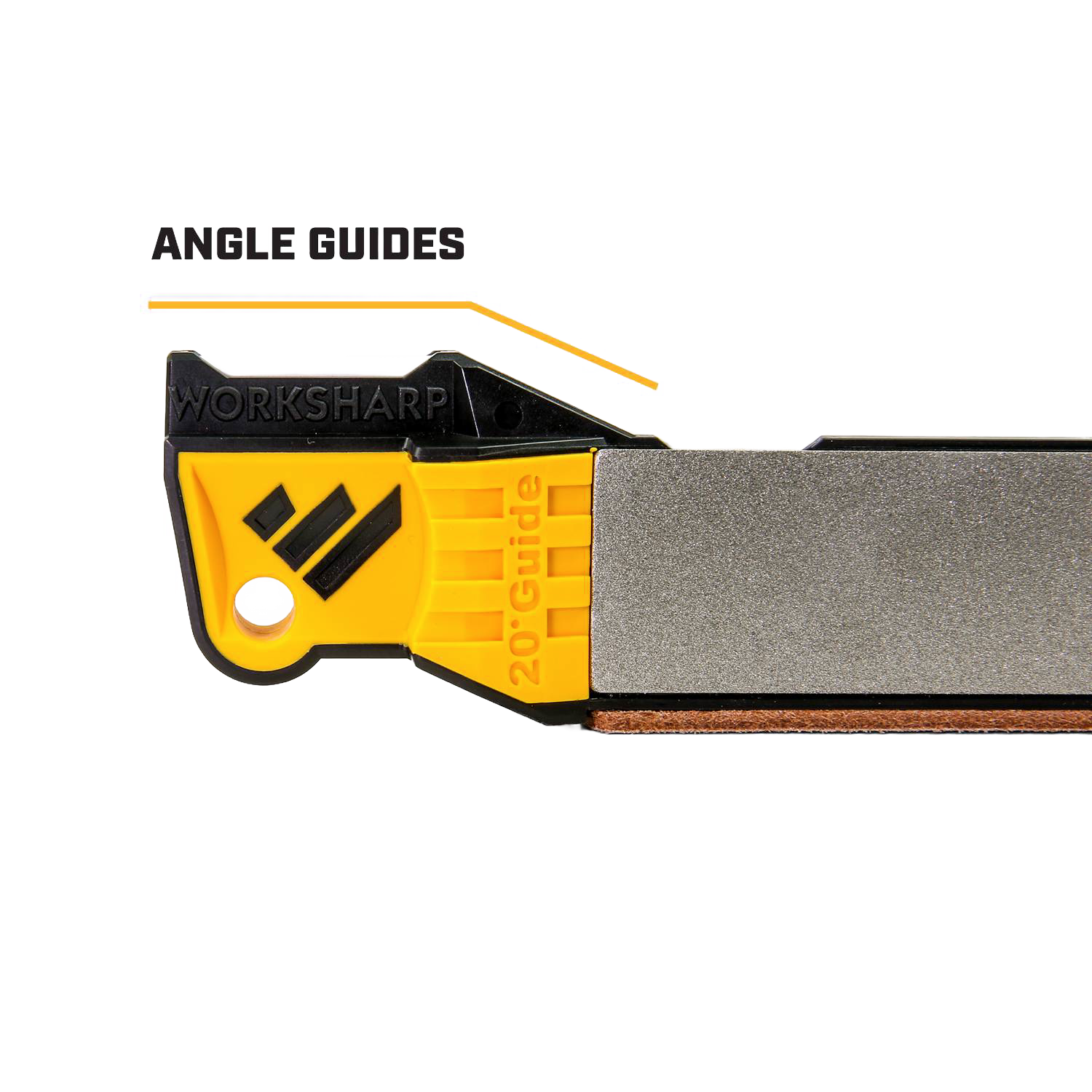 Yellow and black sharpening tool with 20° angle guide and coarse sharpening surface for woodworking and kitchen tasks