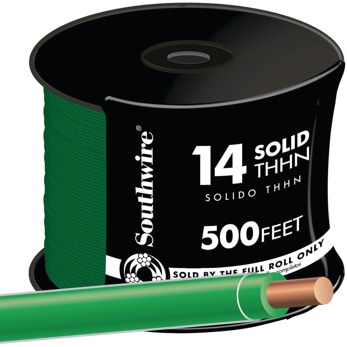 Green insulated 14 gauge solid THHN wire on black spool for tools and home improvement use