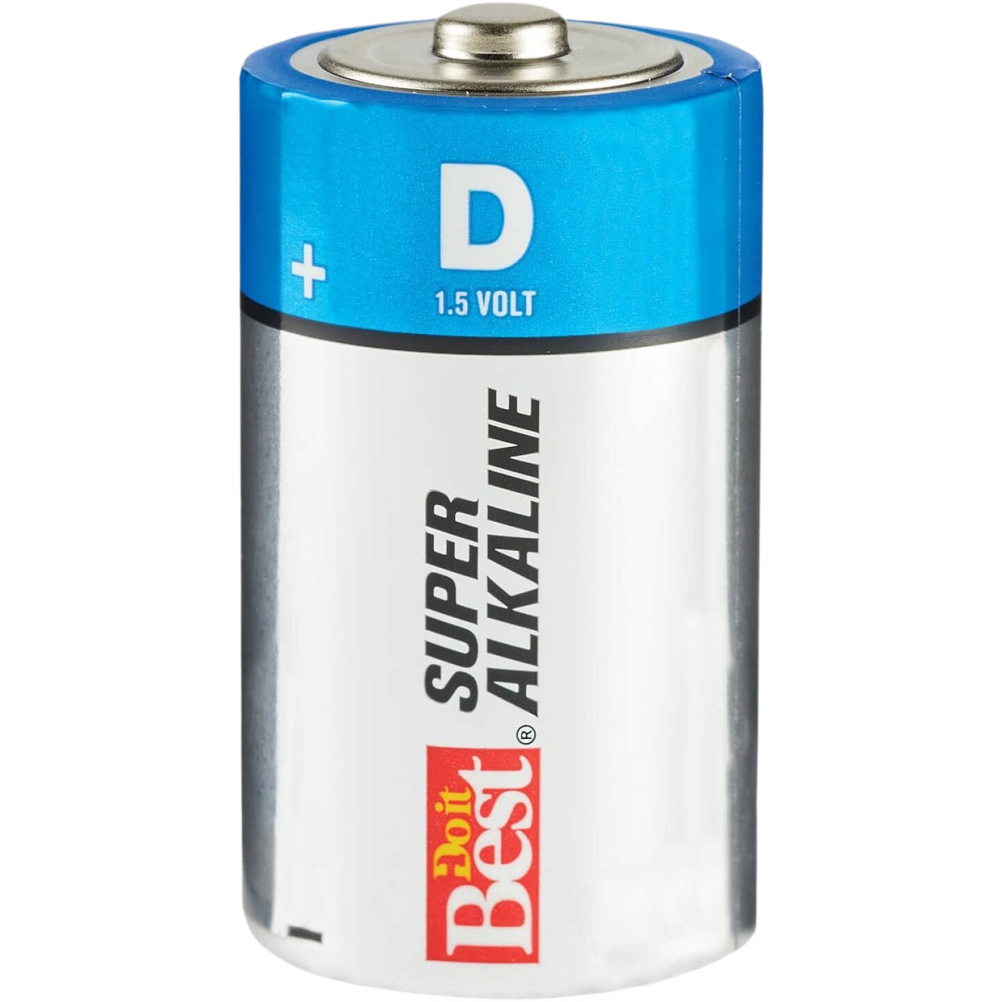 Single D size 1.5V alkaline battery with blue top and silver body for tools and home improvement use