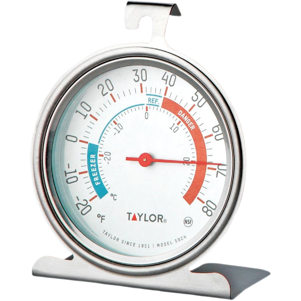 Round stainless steel kitchen thermometer with freezer and danger temperature zones for home use