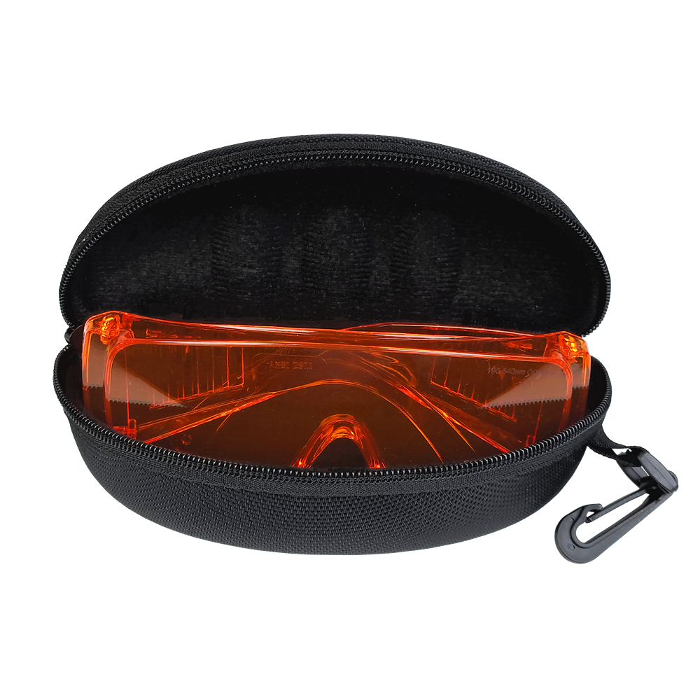 Orange protective eyewear with wraparound lenses inside black zippered carrying case for tools and home improvement use