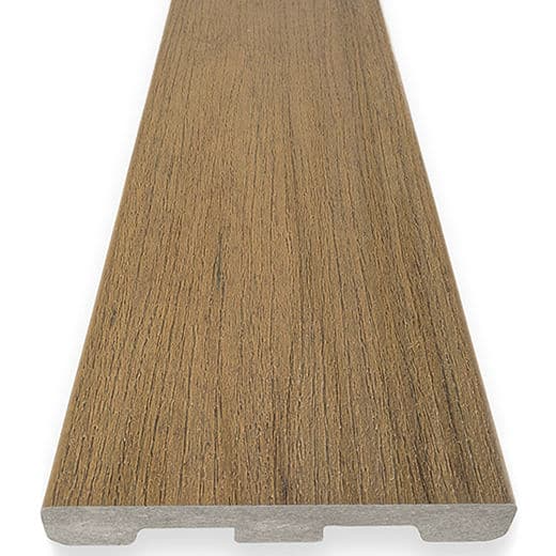 Composite fascia board in coconut husk finish with textured wood grain surface for exterior home improvement projects