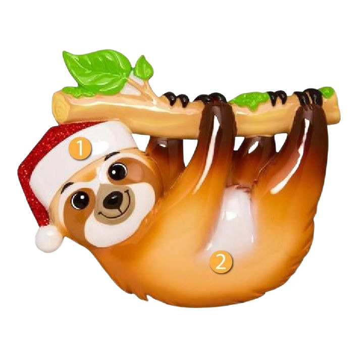 Cute sloth ornament wearing Santa hat hanging from branch, festive Christmas decor under $50 collection