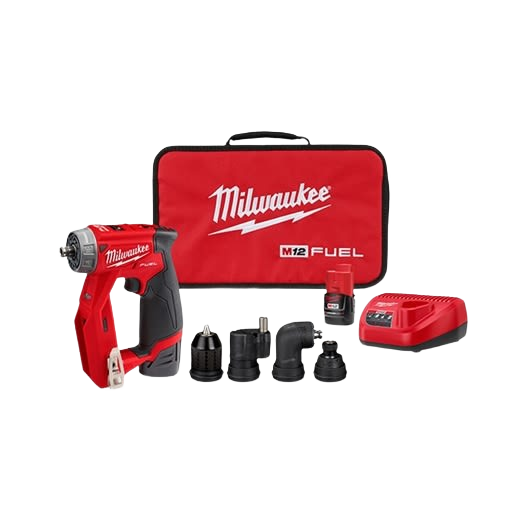 Red cordless drill kit with multiple black drill chucks, battery, charger, and red carrying case for home improvement tasks