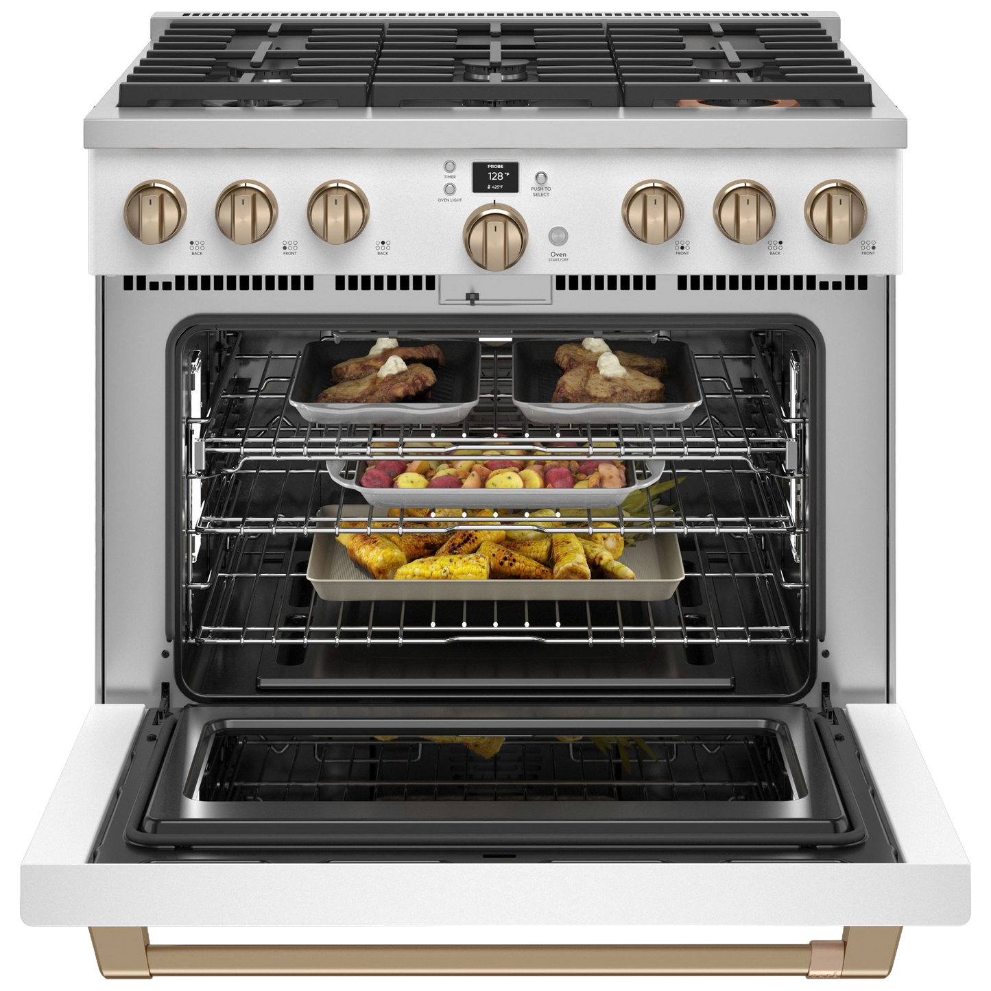 Open stainless steel all-gas commercial-style range oven with cooked food trays inside, featuring six brass burner controls.