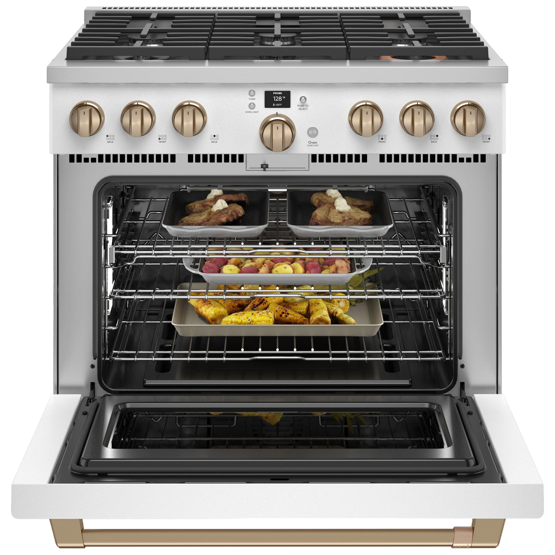 Open stainless steel all-gas commercial-style range oven with cooked food trays inside, featuring six brass burner controls.