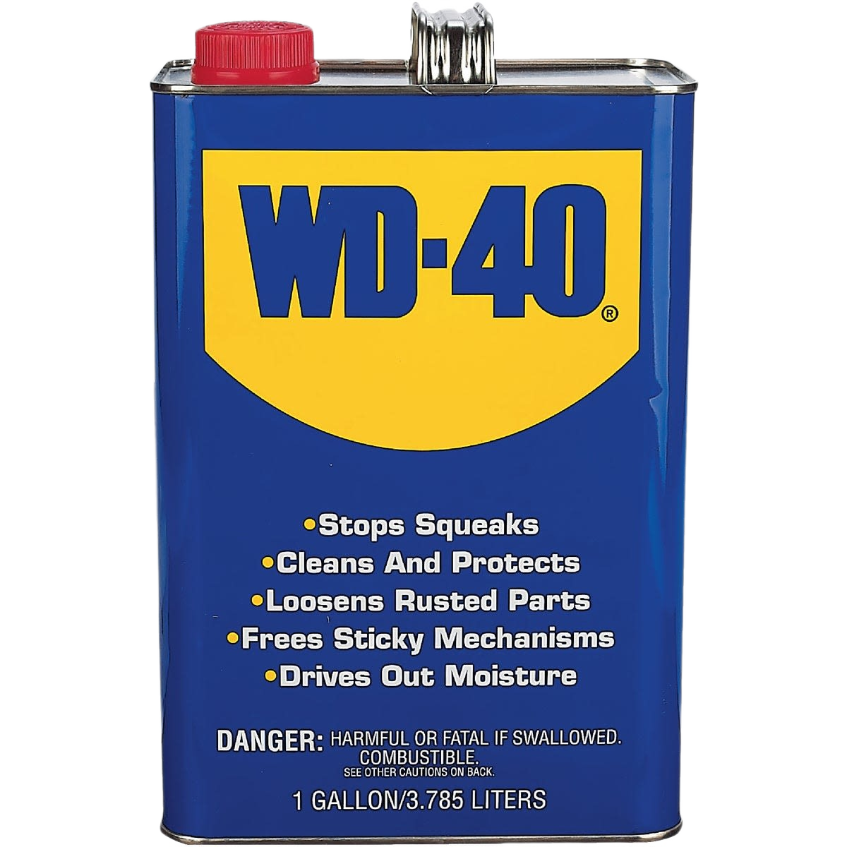 Blue and yellow metal can of multi-purpose lubricant with red cap for tools and home improvement use