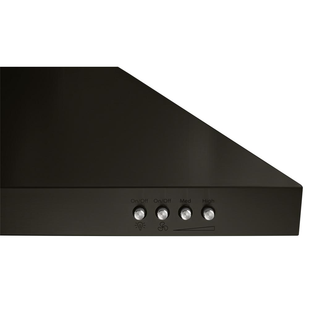 Close-up of control buttons on black stainless steel wall mount range hood with ventilation and lighting functions visible