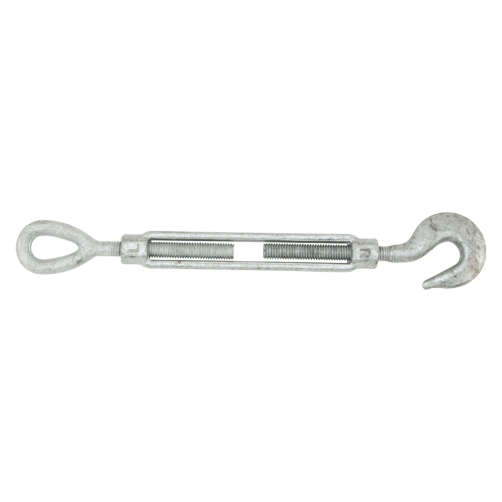 Galvanized steel turnbuckle with hook and eye for tension adjustment in garage storage and home improvement projects under $50