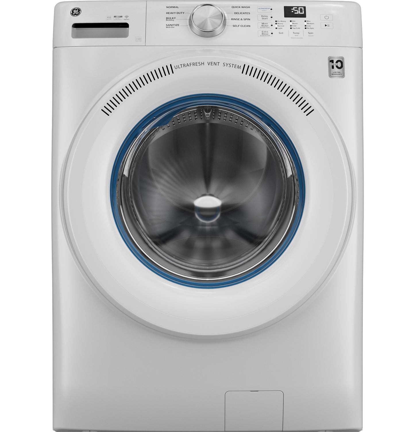 White smart front load washer with digital display and UltraFresh Vent System in washers and appliances collection