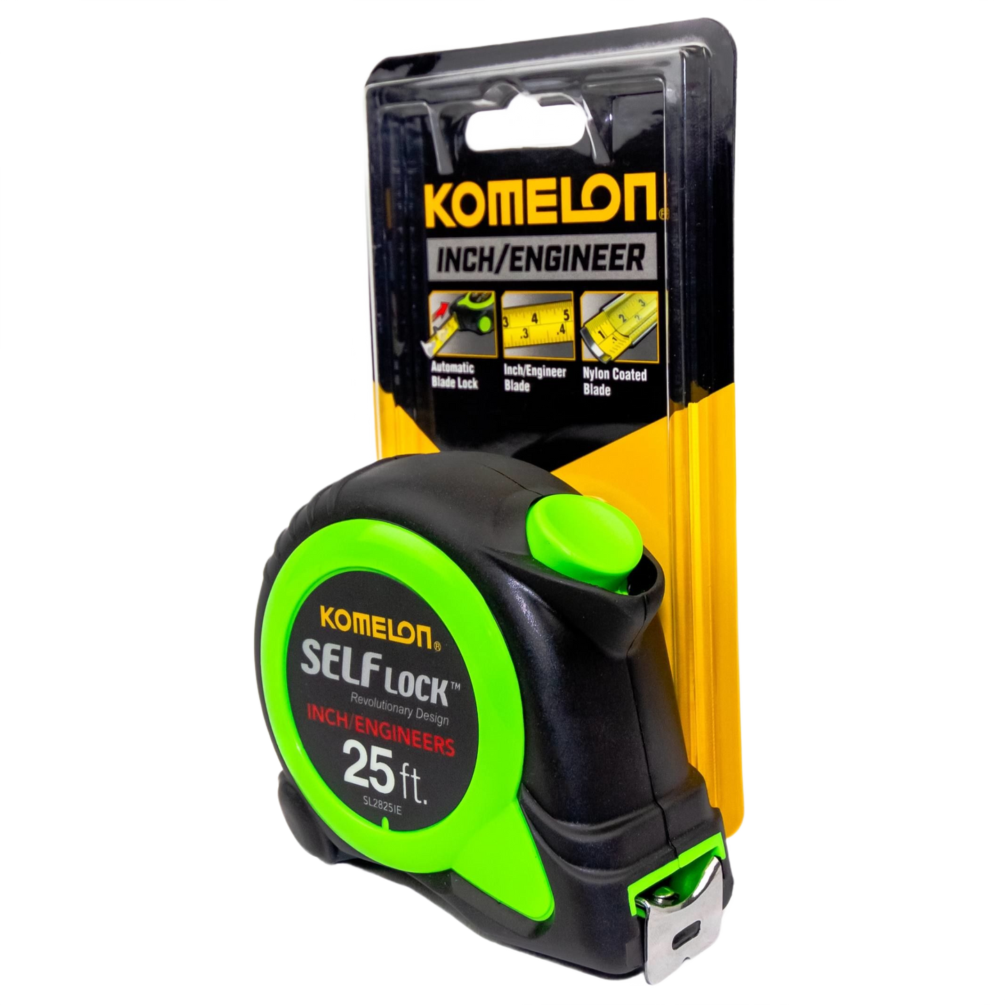 Black and bright green 25-foot Komelon measuring tape with self-lock feature for woodworking and hand tools collection