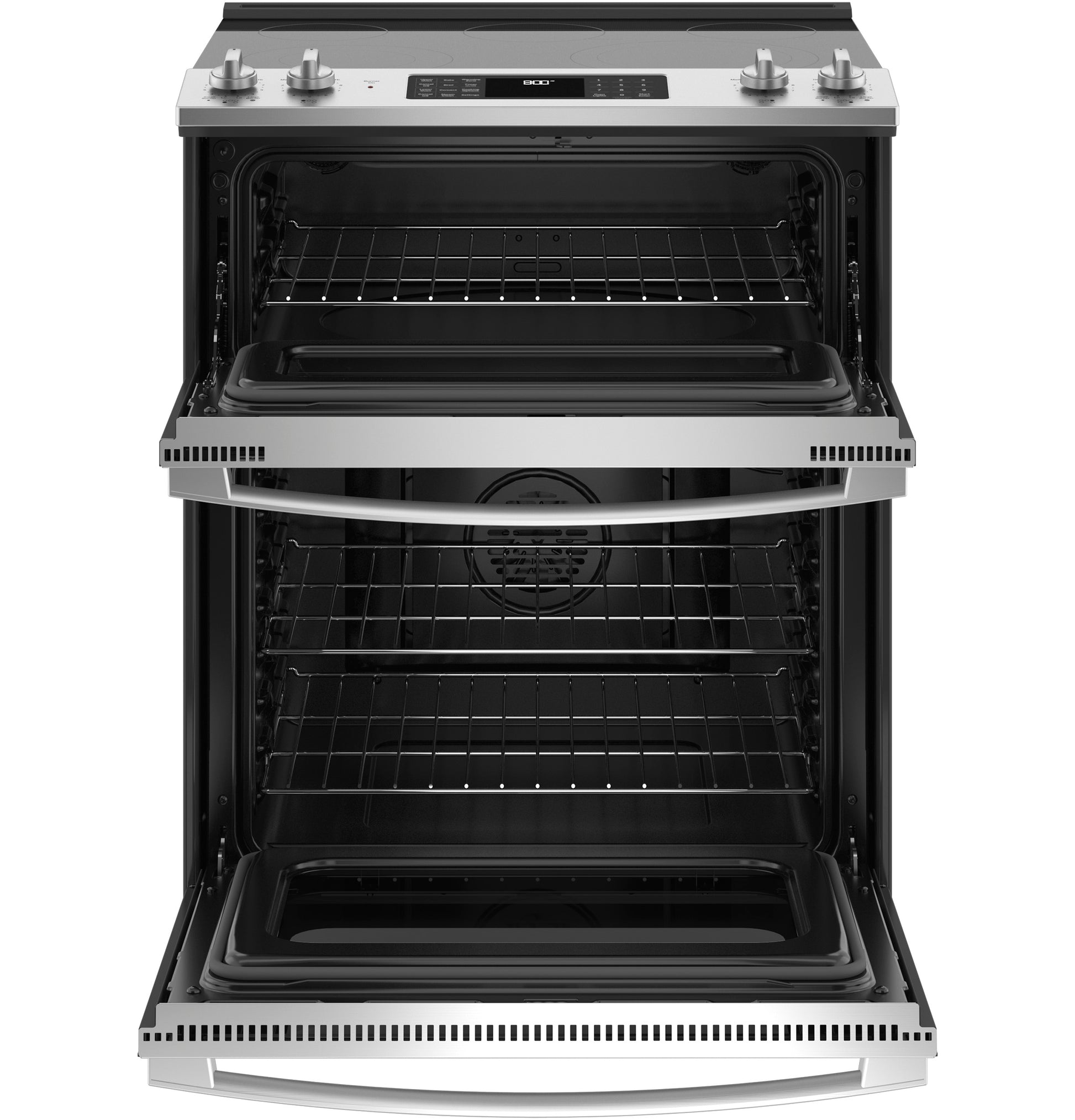Open double electric convection oven in stainless steel with wire racks and digital control panel from kitchen appliances collection