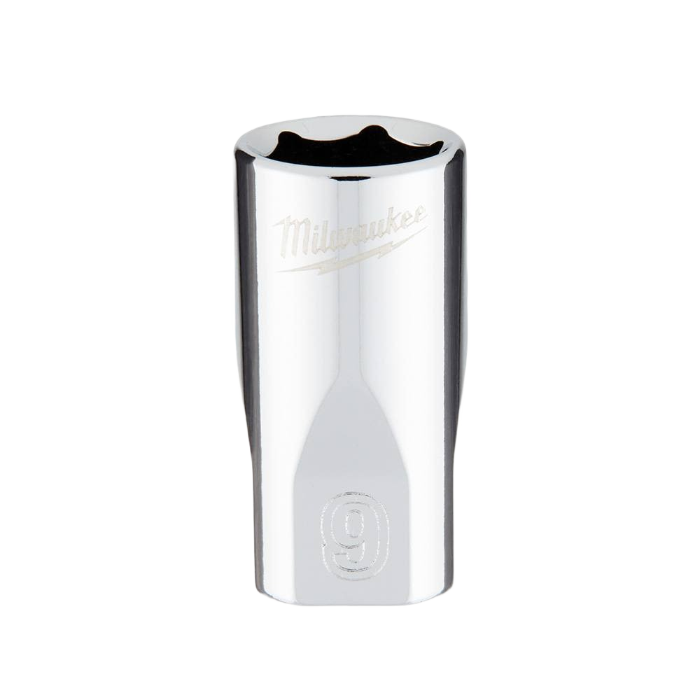 Chrome-finished 9mm 6-point socket with FOUR FLAT™ sides, part of Milwaukee hand tools collection for home improvement