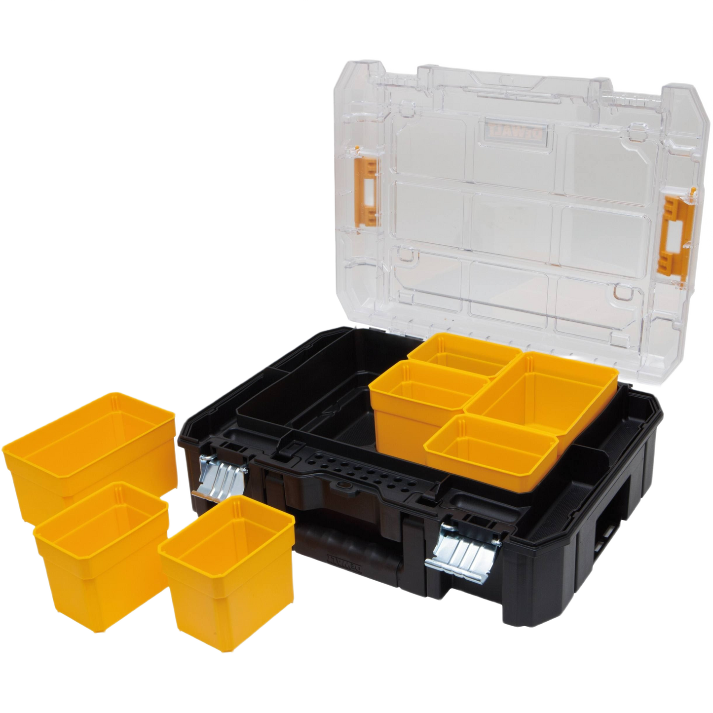 Black and yellow durable tool organizer with clear lid and removable compartments for workshop and jobsite storage under $100
