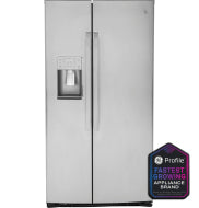Stainless steel side-by-side refrigerator with built-in water and ice dispenser from kitchen appliances collection