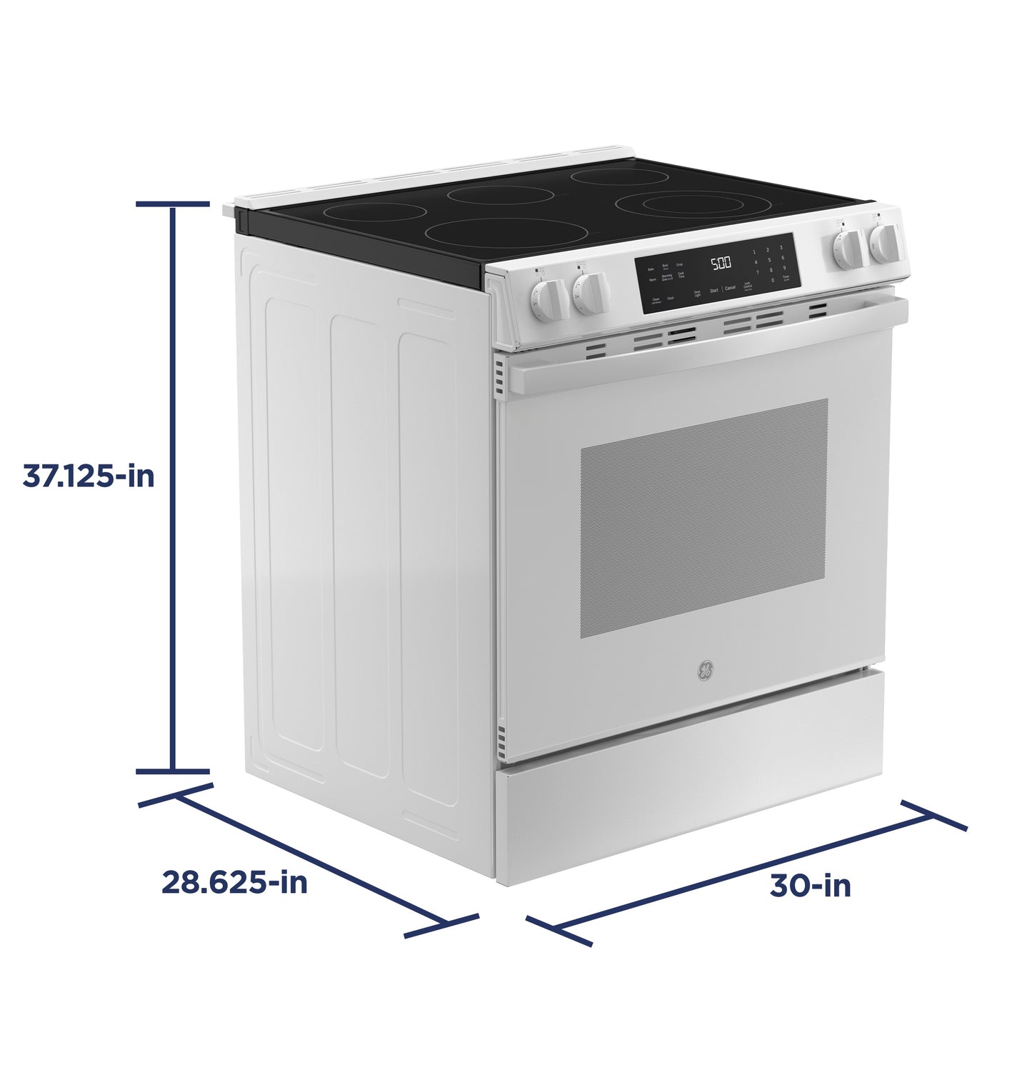 White slide-in electric range with digital display and four radiant cooking elements for kitchen and home improvement tools